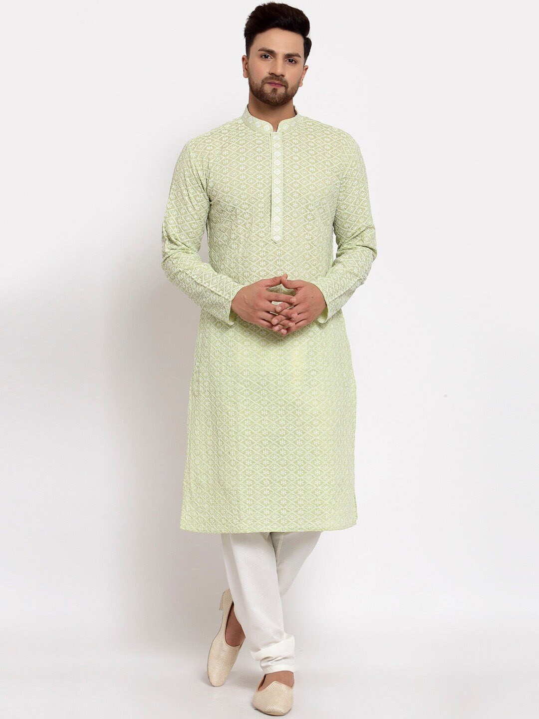 

MOHANLAL SONS Mandarin Collar Ethnic Motifs Embroidered Chikankari Cotton Kurta, Green