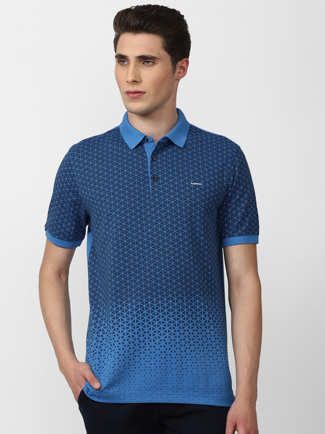 

Van Heusen Men Blue & Navy Blue Printed Polo Collar Cotton T-shirt