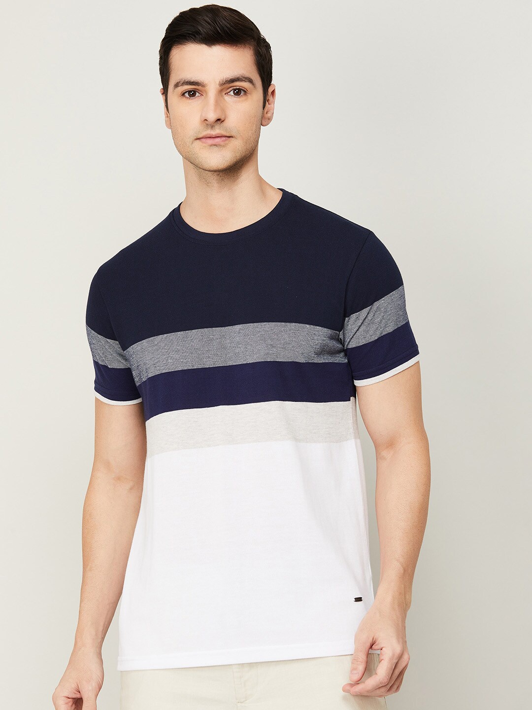 

CODE by Lifestyle Men Navy Blue & White Colourblocked Round Neck Cotton T-shirt