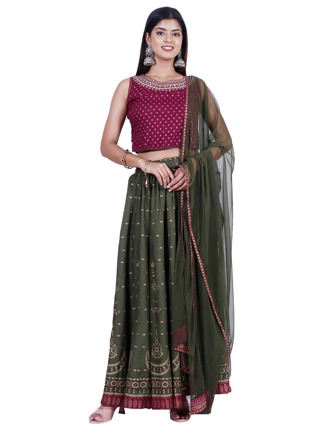 

HERE&NOW Green & Maroon Printed Ready to Wear Lehenga & Blouse With Dupatta