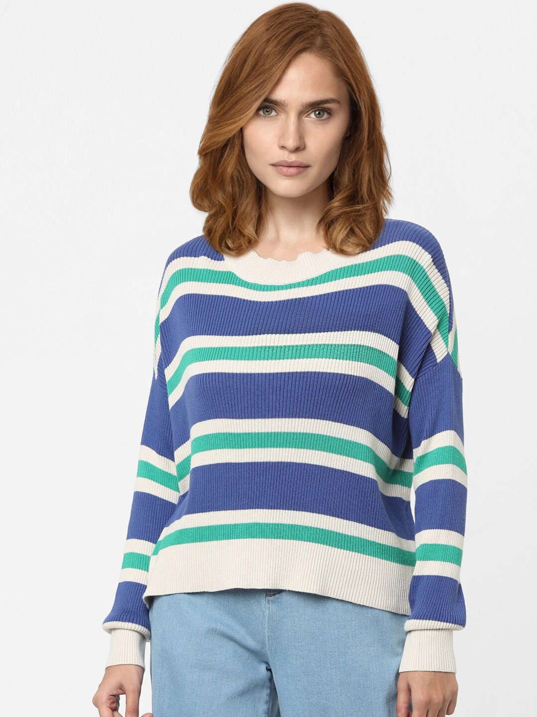 

Vero Moda Marquee Collection Women Blue & White Striped Pullover Cotton Sweater