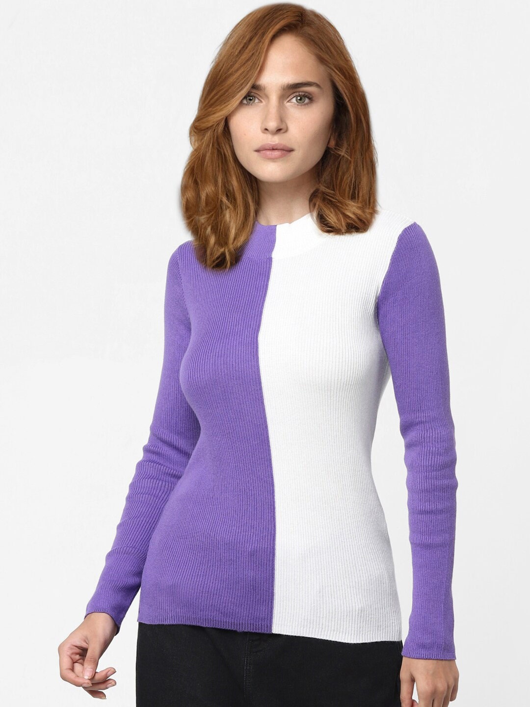 

Vero Moda Marquee Collection Women Purple & White Colourblocked Pullover Cotton Sweater