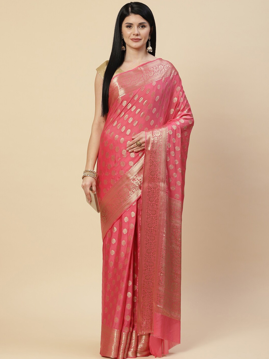 

Meena Bazaar Pink & Gold-Toned Woven Design Zari Saree