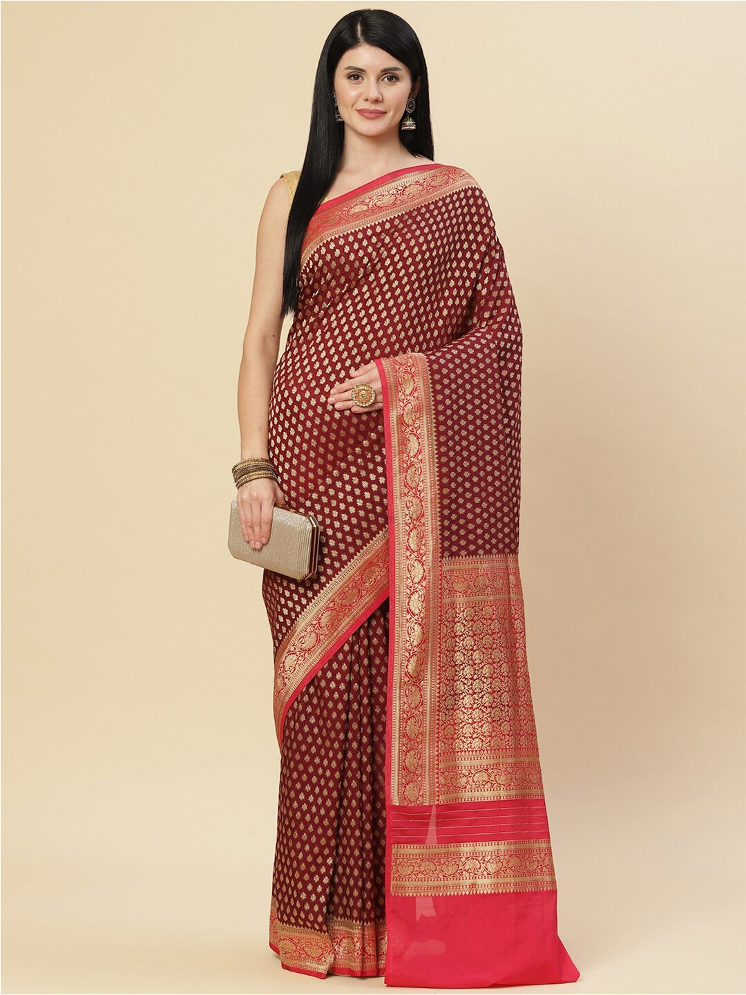 

Meena Bazaar Maroon & Gold-Toned Woven Design Zari Saree