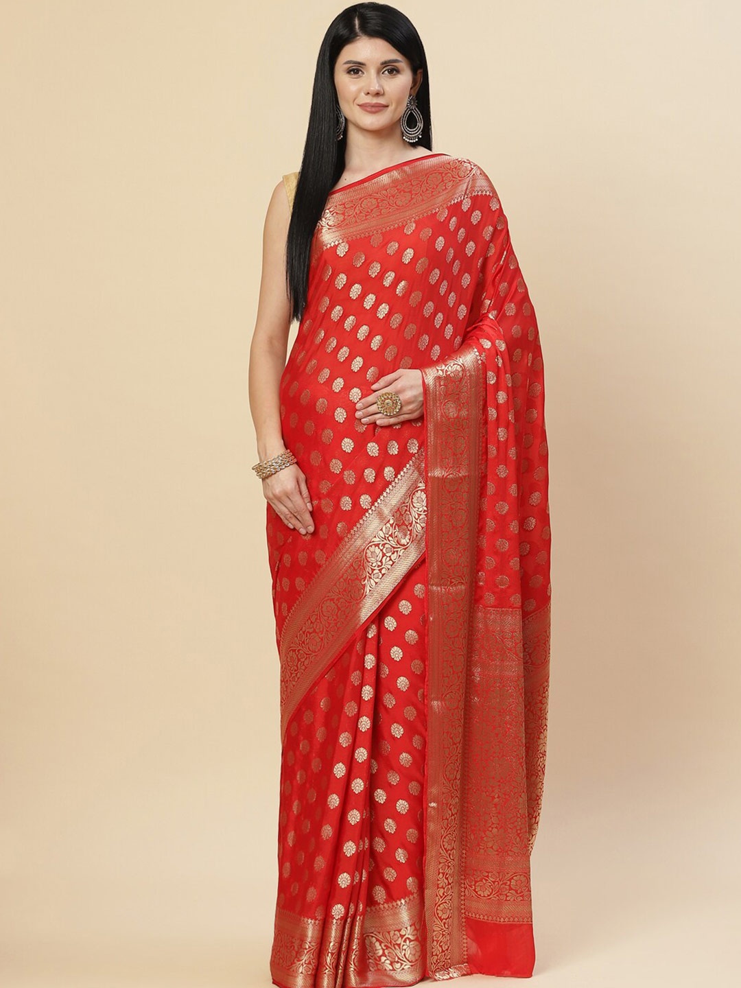 

Meena Bazaar Red & Gold-Toned Woven Design Zari Saree