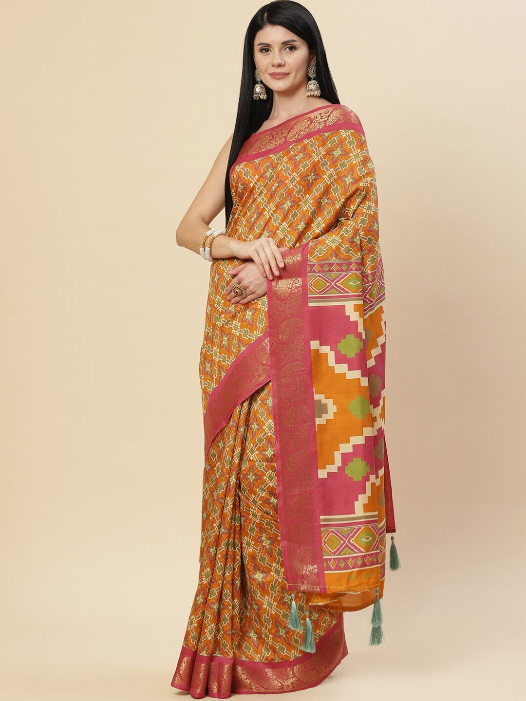 

Meena Bazaar Pink & Mustard Ethnic Motifs Art Silk Saree