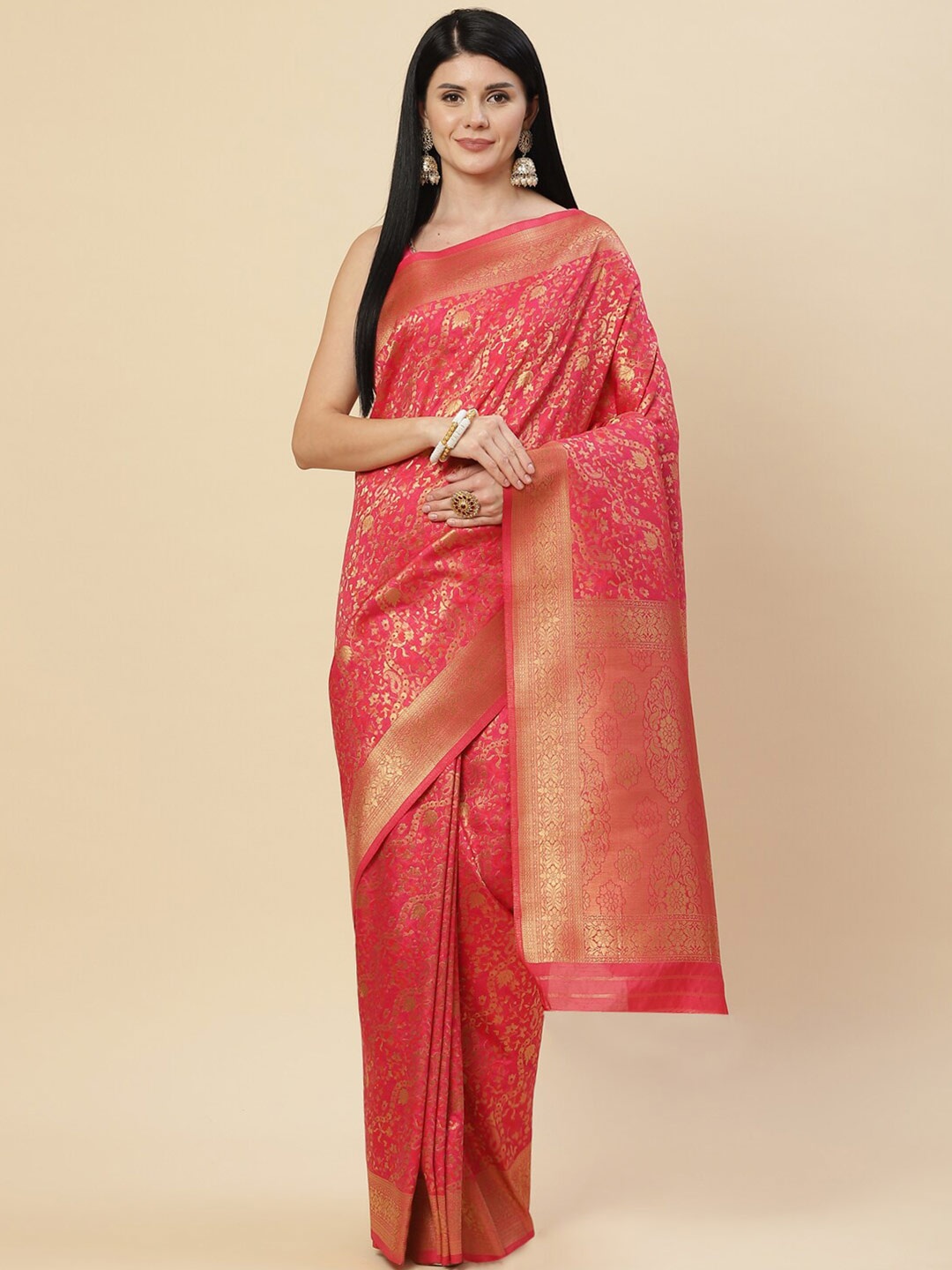 

Meena Bazaar Pink & Gold-Toned Woven Design Zari Art Silk Saree