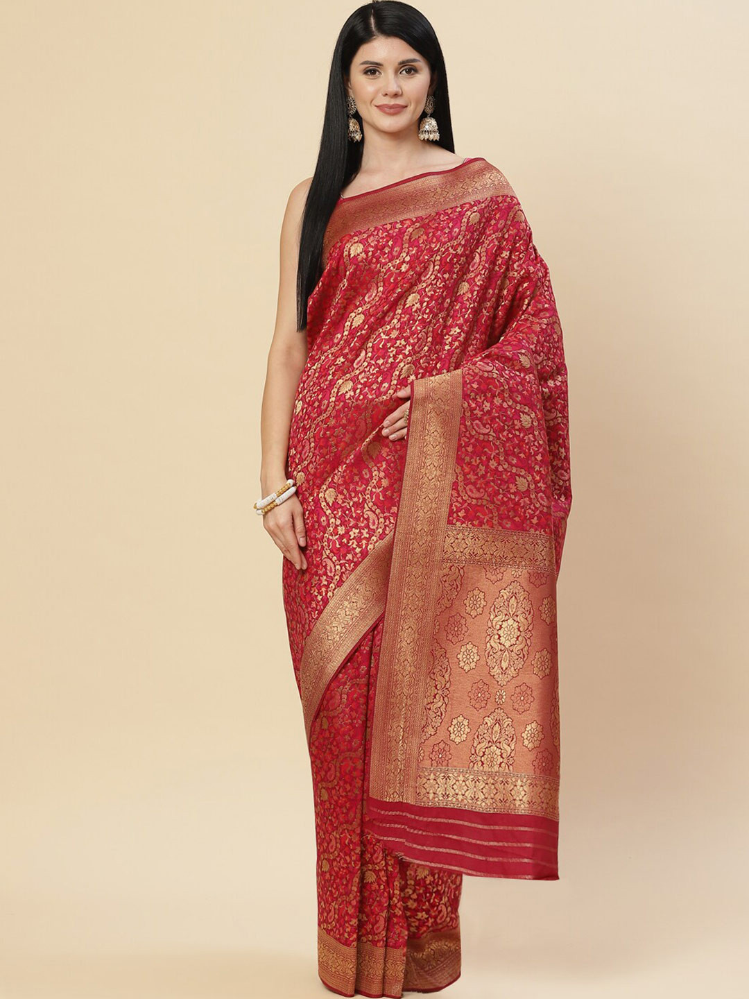 

Meena Bazaar Pink & Gold-Toned Woven Design Zari Art Silk Saree