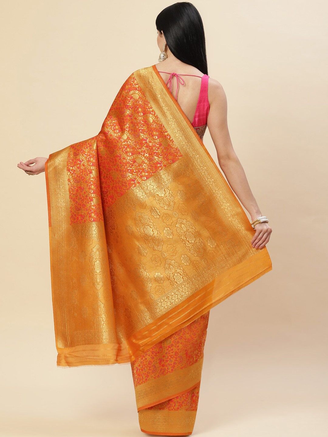 

Meena Bazaar Orange & Gold-Toned Woven Design Zari Art Silk Saree