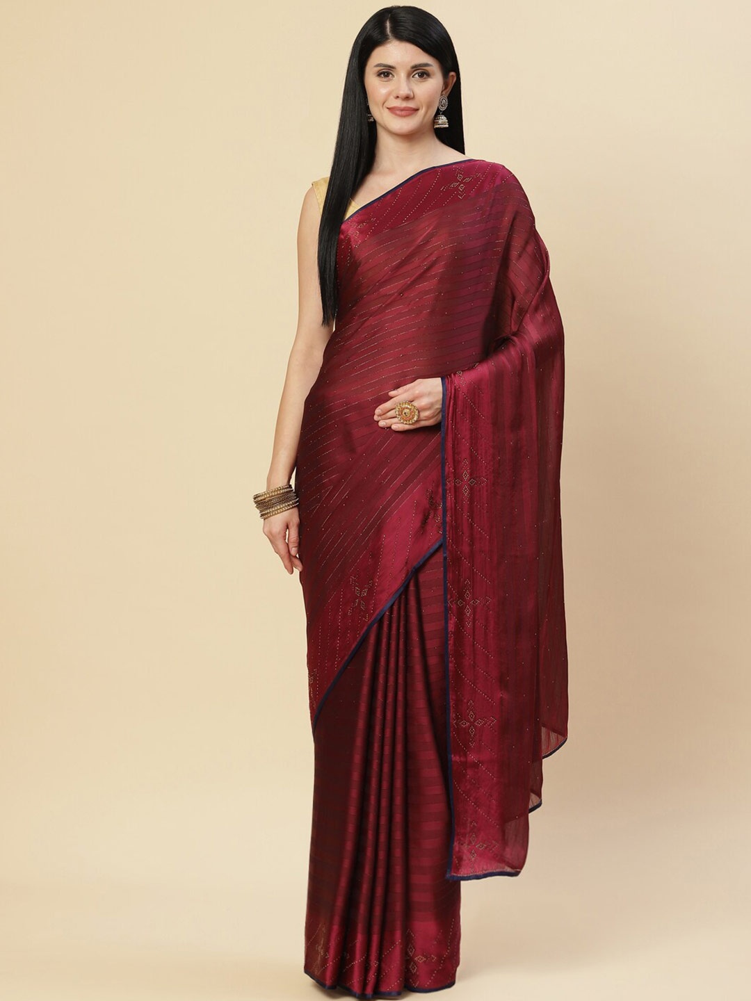 

Meena Bazaar Maroon & Navy Blue Striped Satin Saree