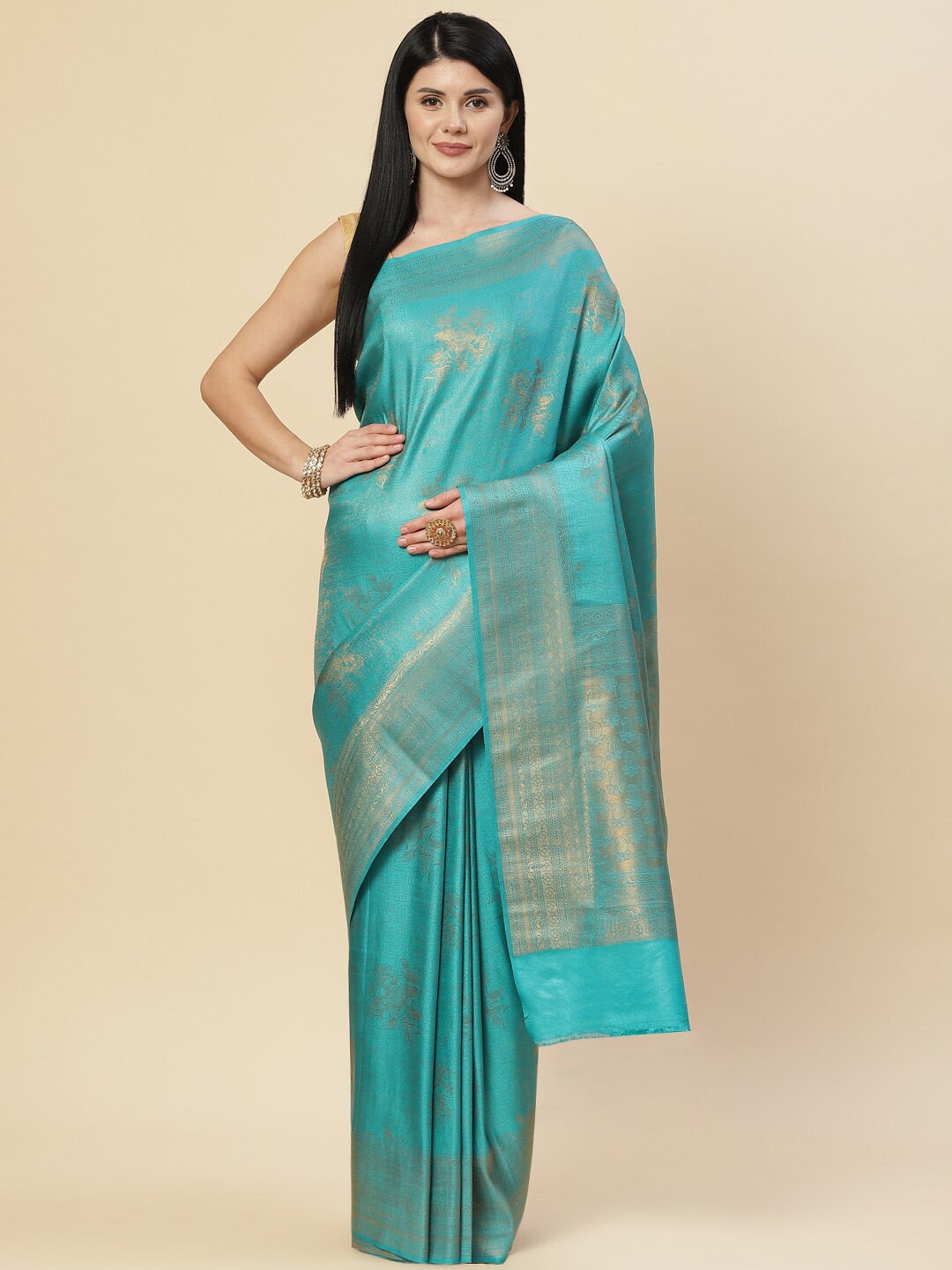 

Meena Bazaar Blue & Gold-Toned Woven Design Zari Art Silk Saree