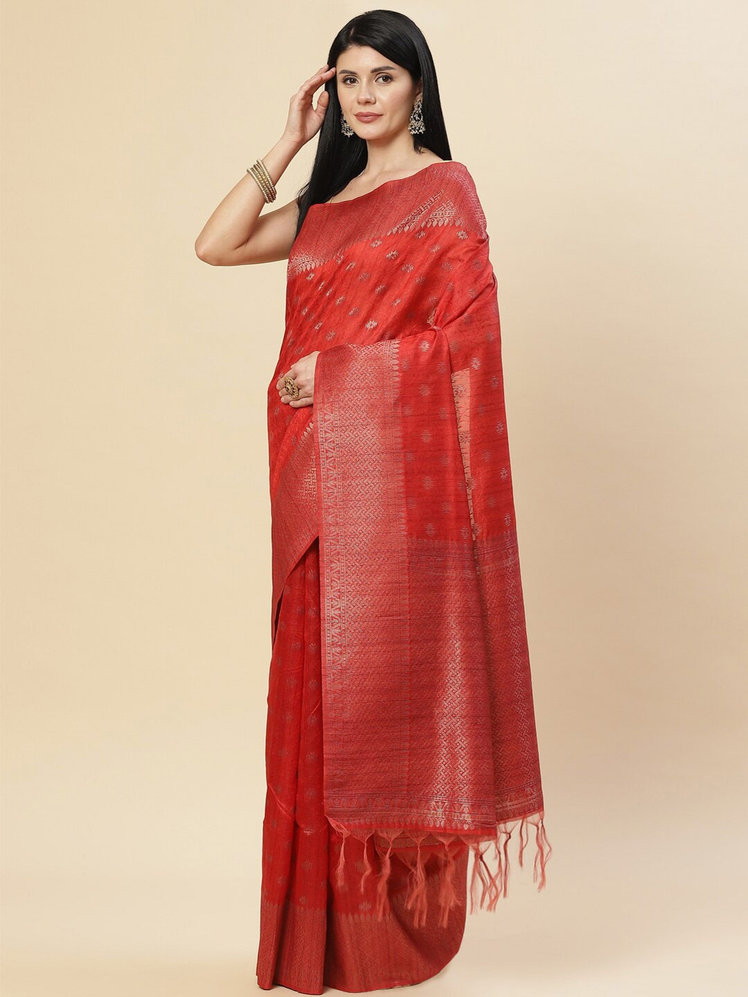 

Meena Bazaar Red & Gold-Toned Woven Design Zari Art Silk Tussar Saree
