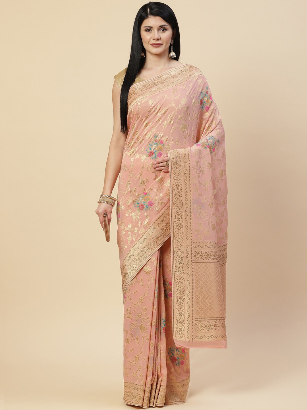 

Meena Bazaar Peach-Coloured & Green Woven Design Zari Saree