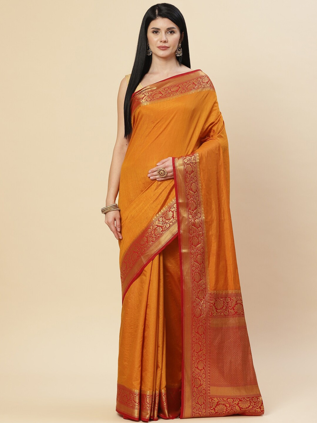 

Meena Bazaar Mustard & Red Woven Design Zari Art Silk Saree