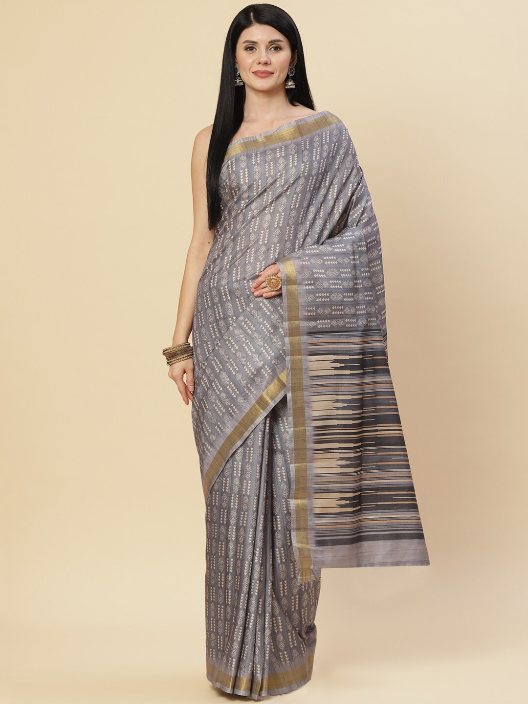 

Meena Bazaar Grey & Cream-Coloured Ethnic Motifs Zari Art Silk Tussar Saree