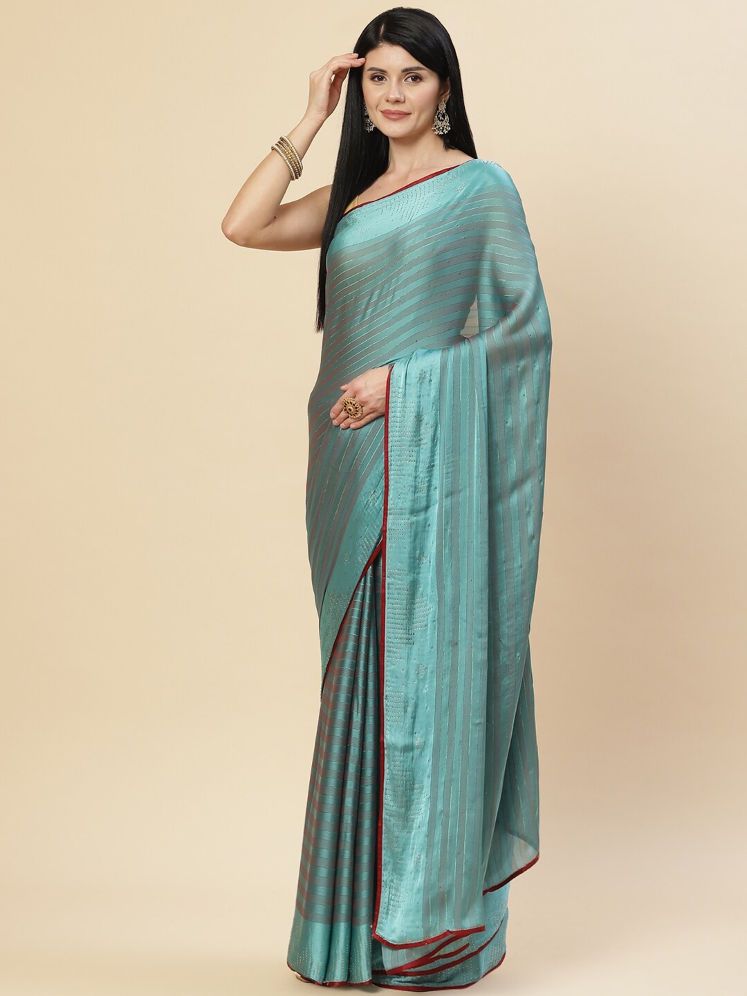 

Meena Bazaar Sea Green & Maroon Striped Satin Saree