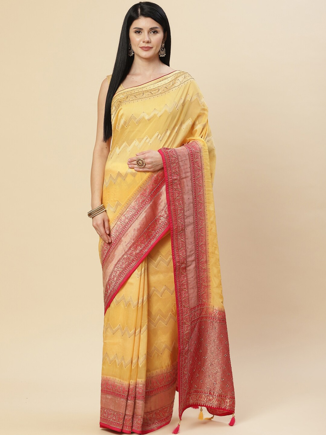 

Meena Bazaar Yellow & Red Woven Design Zari Organza Saree