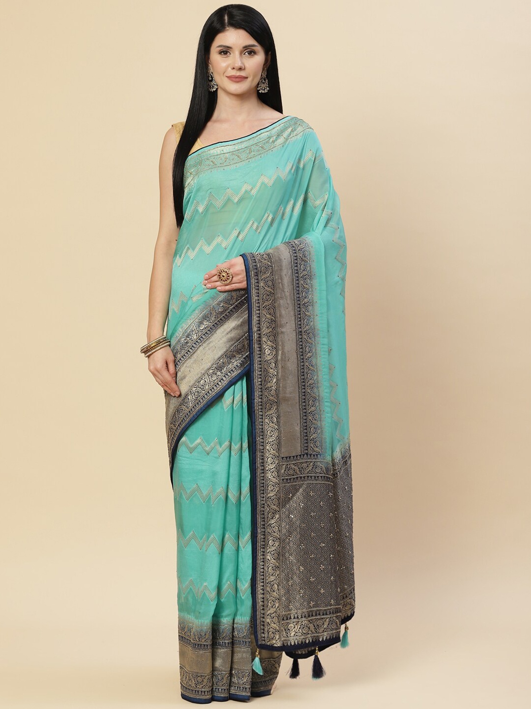 

Meena Bazaar Sea Green & Blue Woven Design Zari Organza Saree