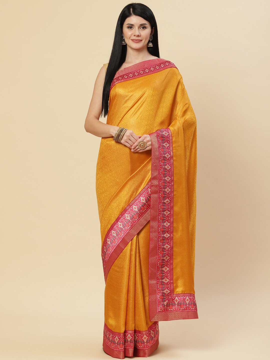 

Meena Bazaar Mustard & Pink Ethnic Motifs Saree