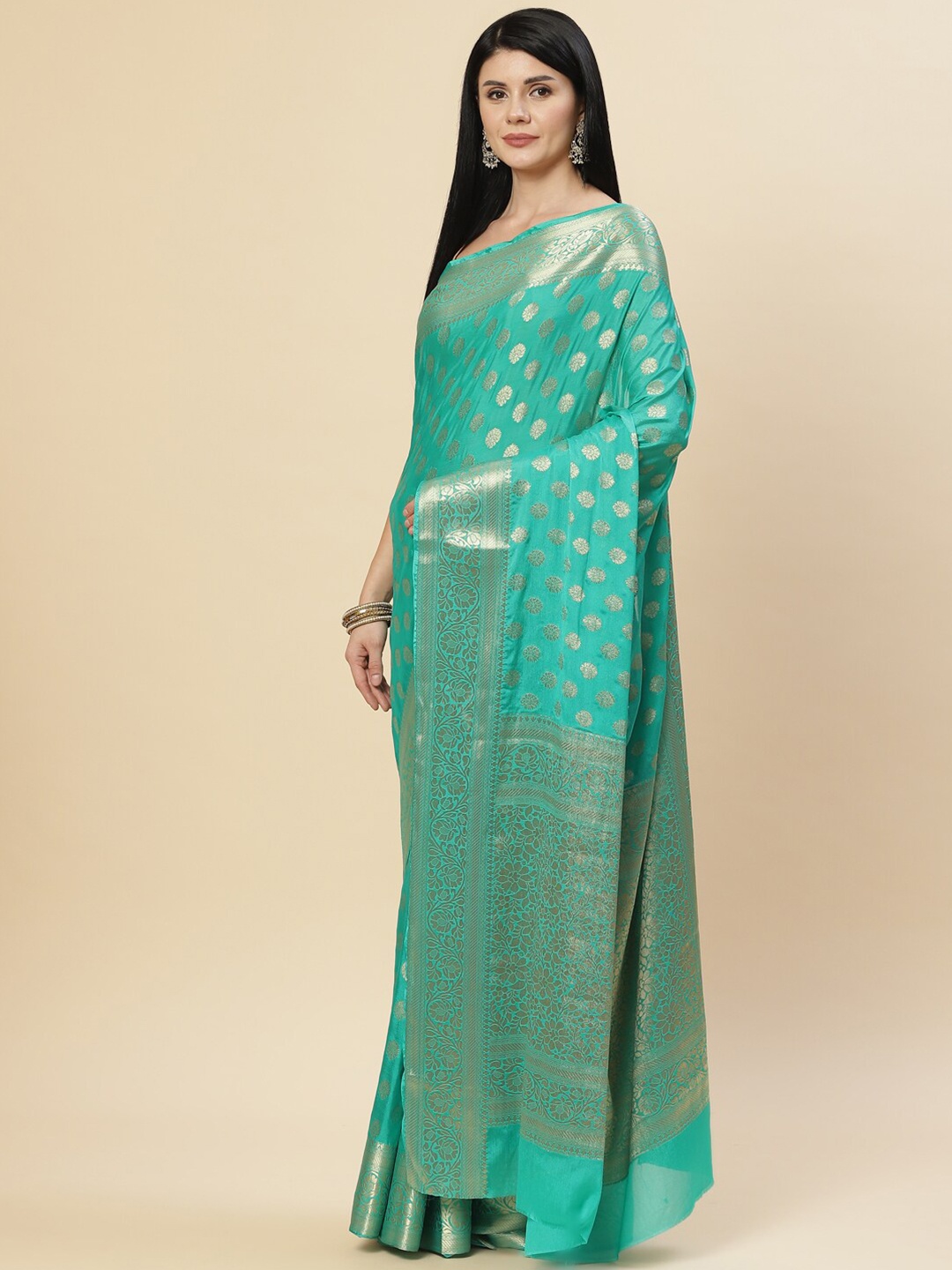 

Meena Bazaar Sea Green & Gold-Toned Woven Design Zari Saree