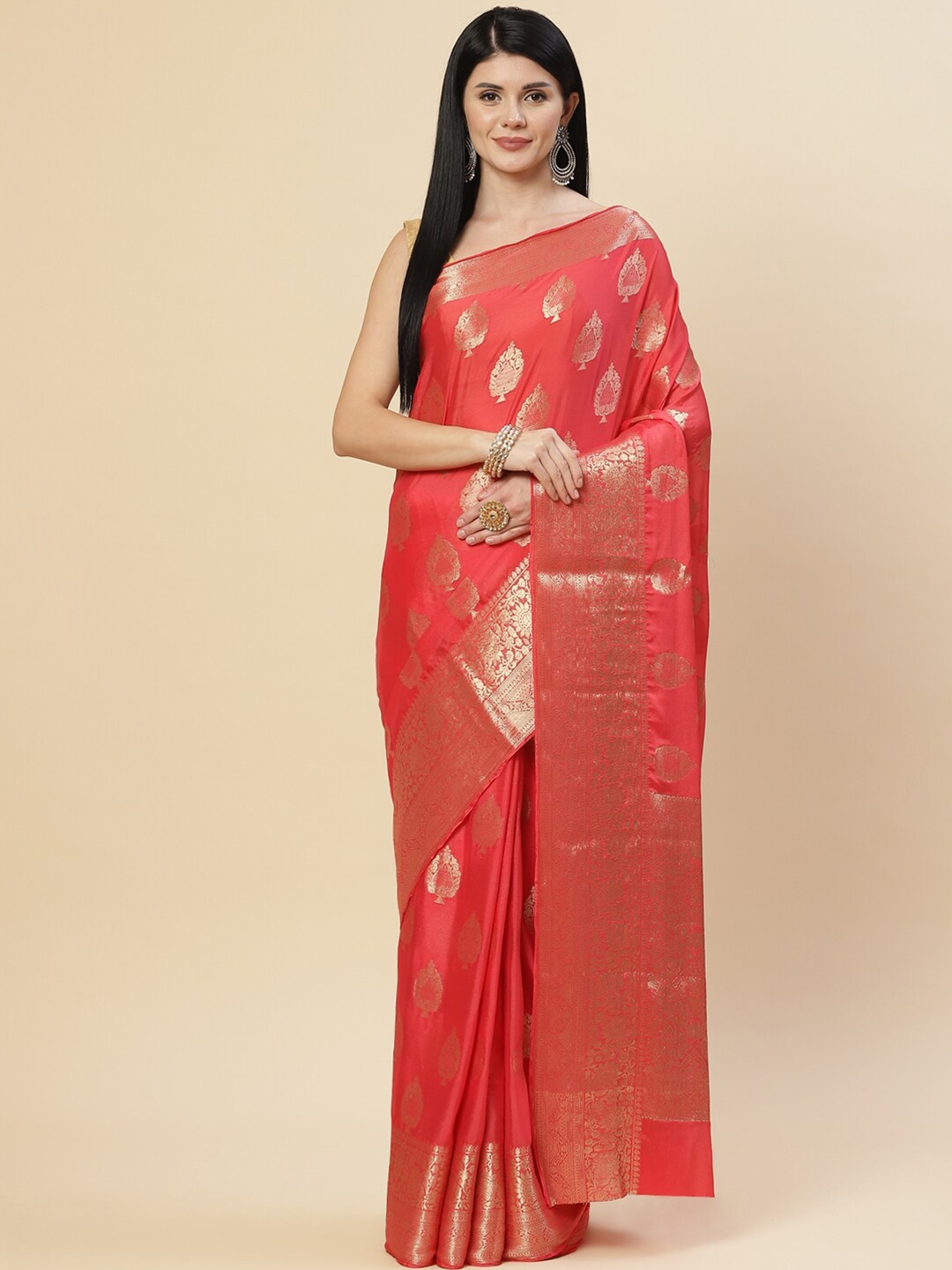 

Meena Bazaar Coral & Gold-Toned Woven Design Zari Saree