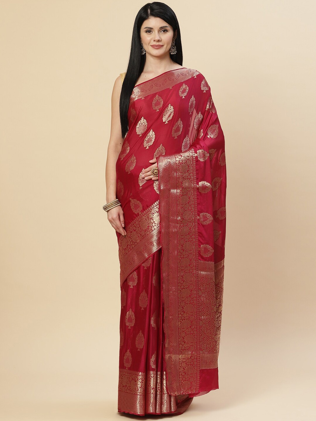 

Meena Bazaar Red & Gold-Toned Ethnic Motifs Zari Saree