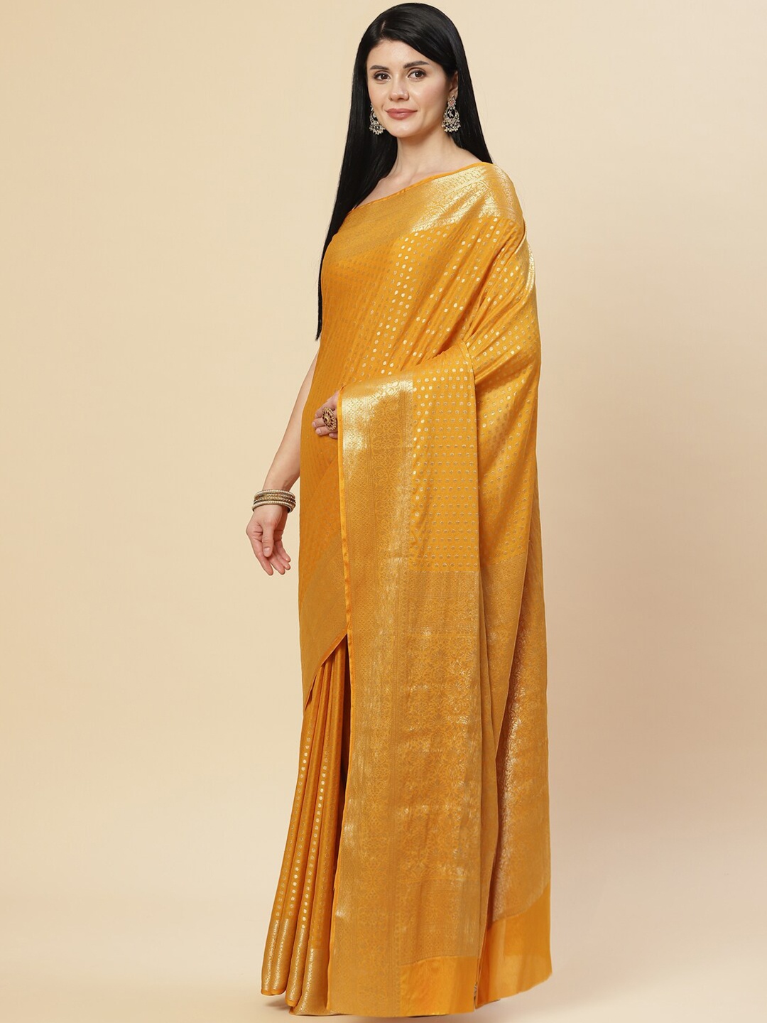 

Meena Bazaar Mustard & Gold-Toned Woven Design Zari Saree