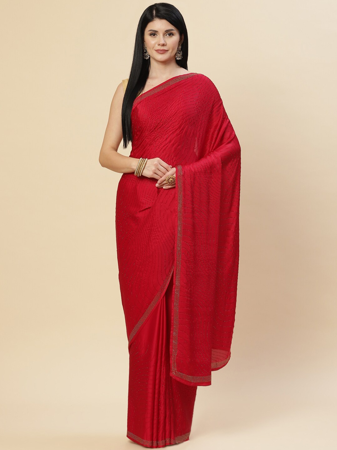 

Meena Bazaar Pink & Silver-Toned Embellished Satin Saree