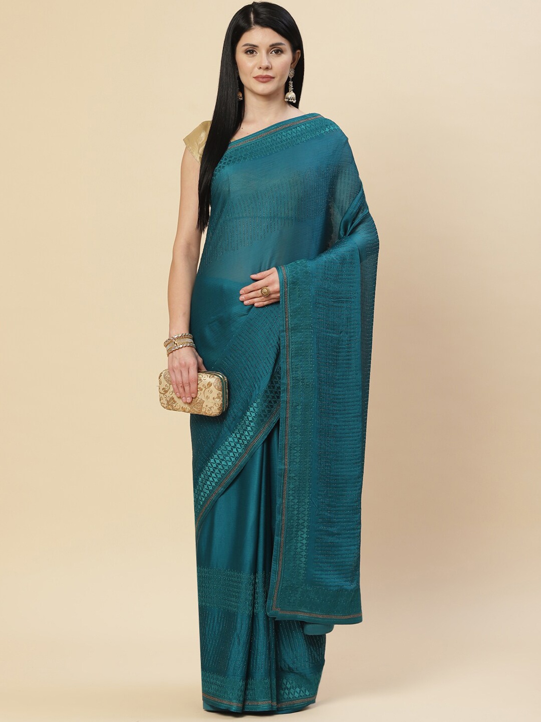 

Meena Bazaar Teal & Gold-Toned Embellished Saree