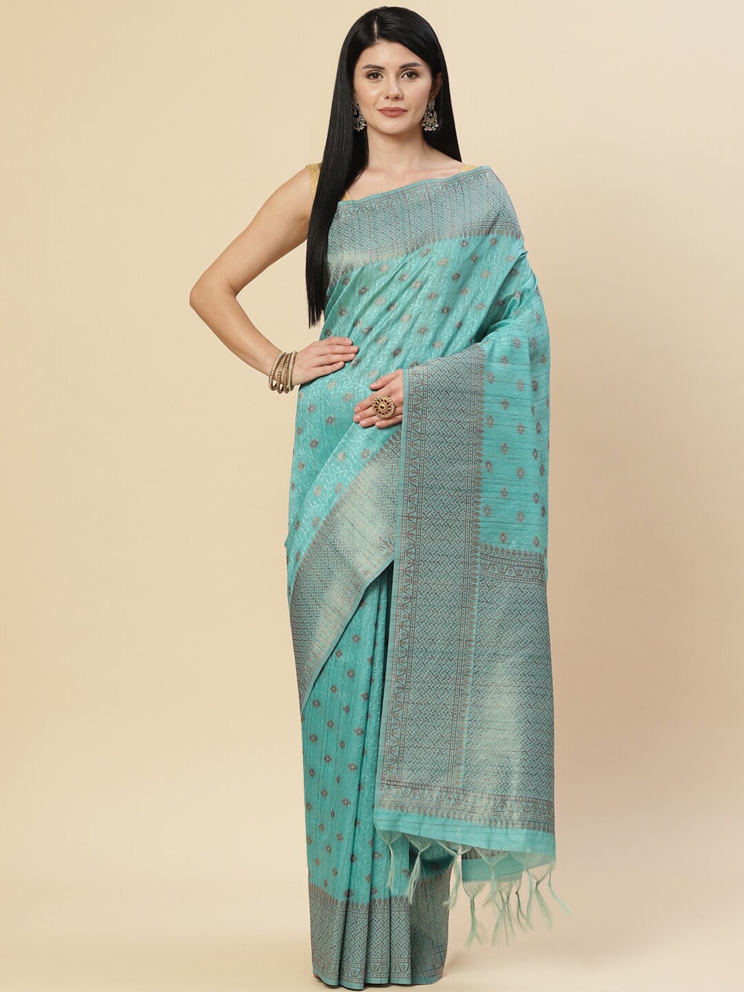 

Meena Bazaar Sea Green & Copper-Toned Woven Design Zari Art Silk Tussar Saree