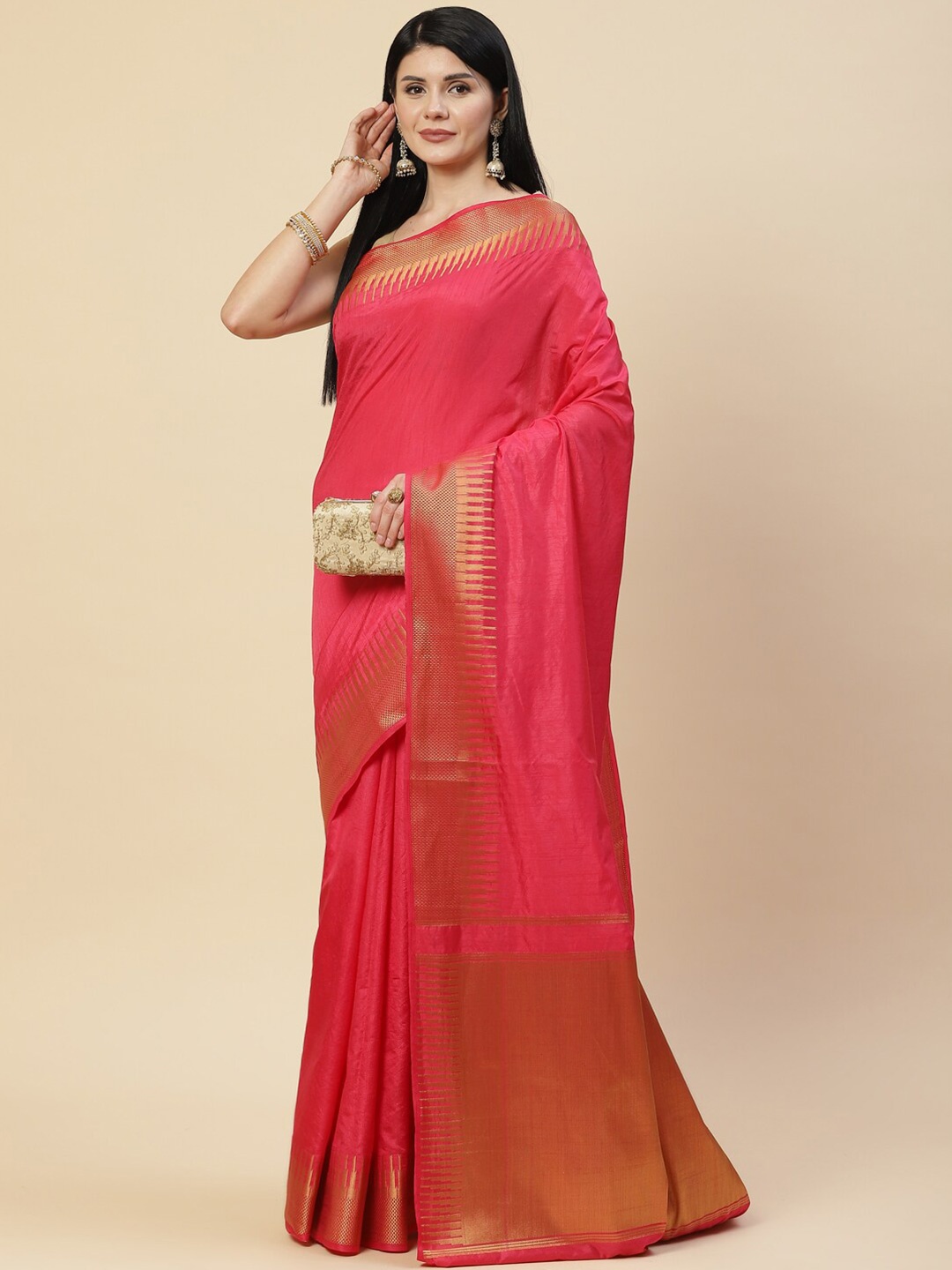

Meena Bazaar Pink & Gold-Toned Woven Design Zari Art Silk Saree