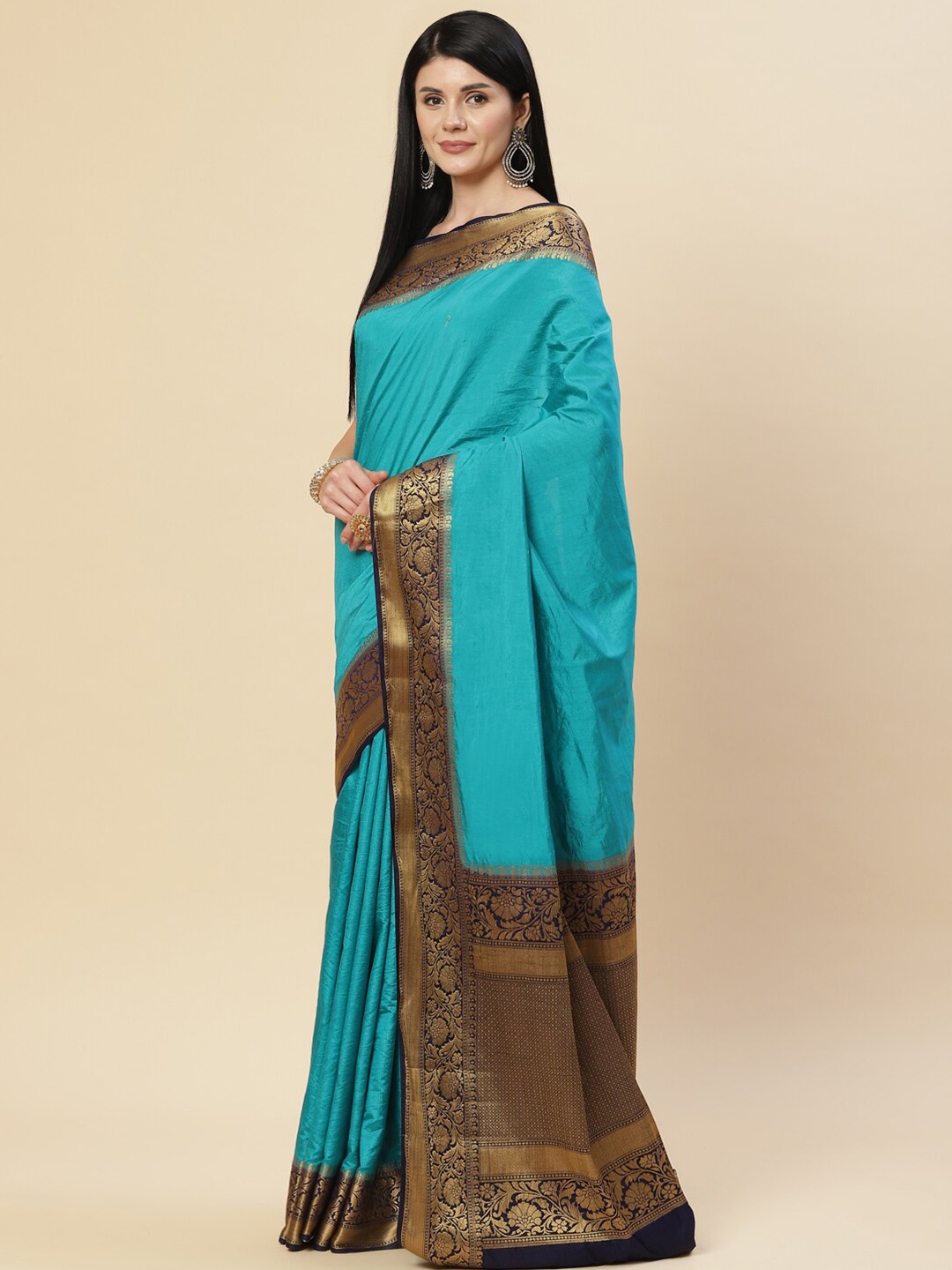 

Meena Bazaar Blue & Gold-Toned Woven Design Zari Art Silk Saree