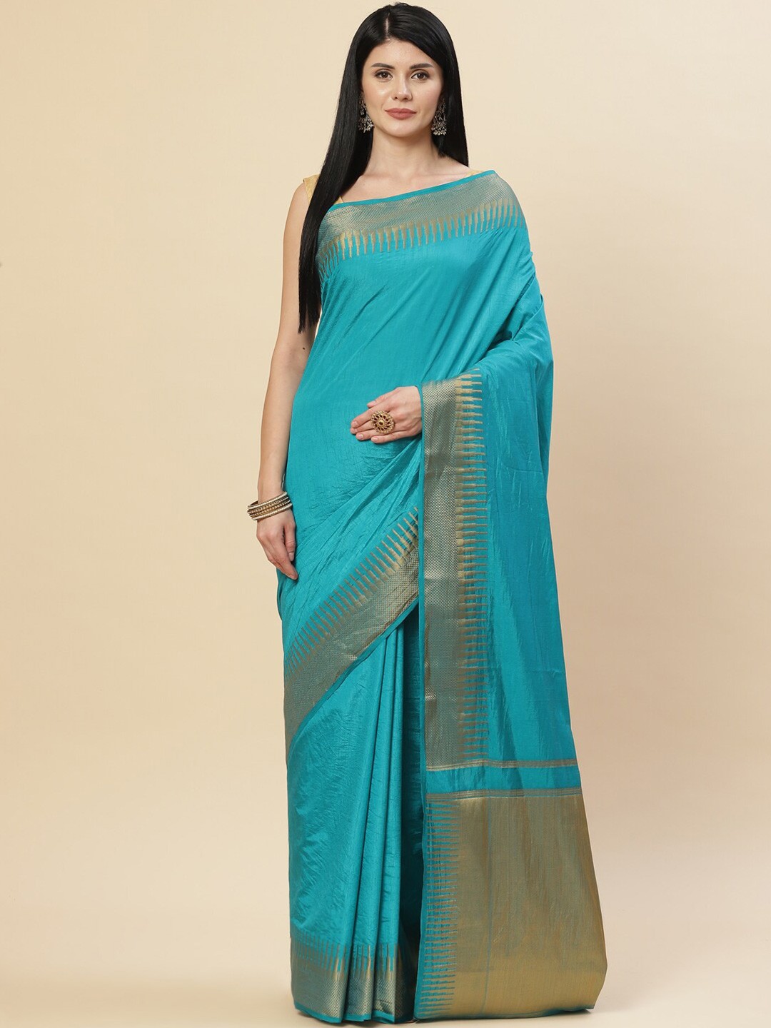 

Meena Bazaar Blue & Gold-Toned Art Silk Saree