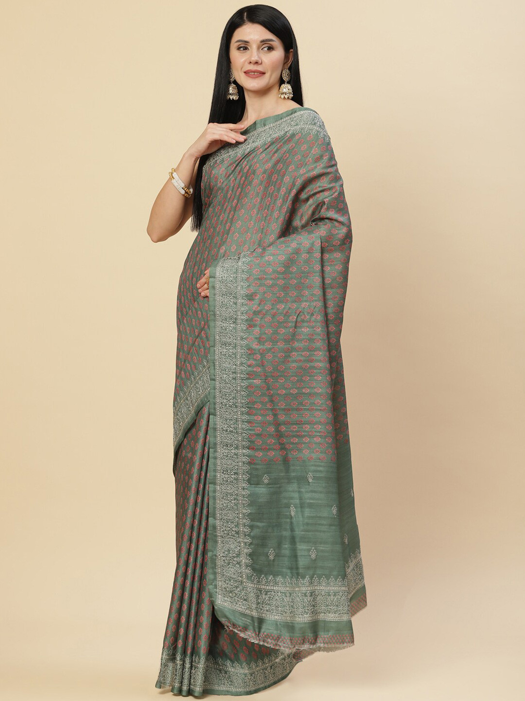 

Meena Bazaar Green & Pink Floral Art Silk Tussar Saree