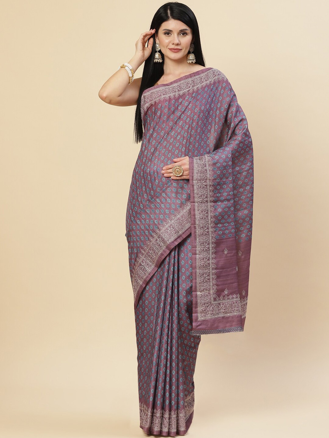 

Meena Bazaar Lavender & Blue Floral Art Silk Tussar Saree