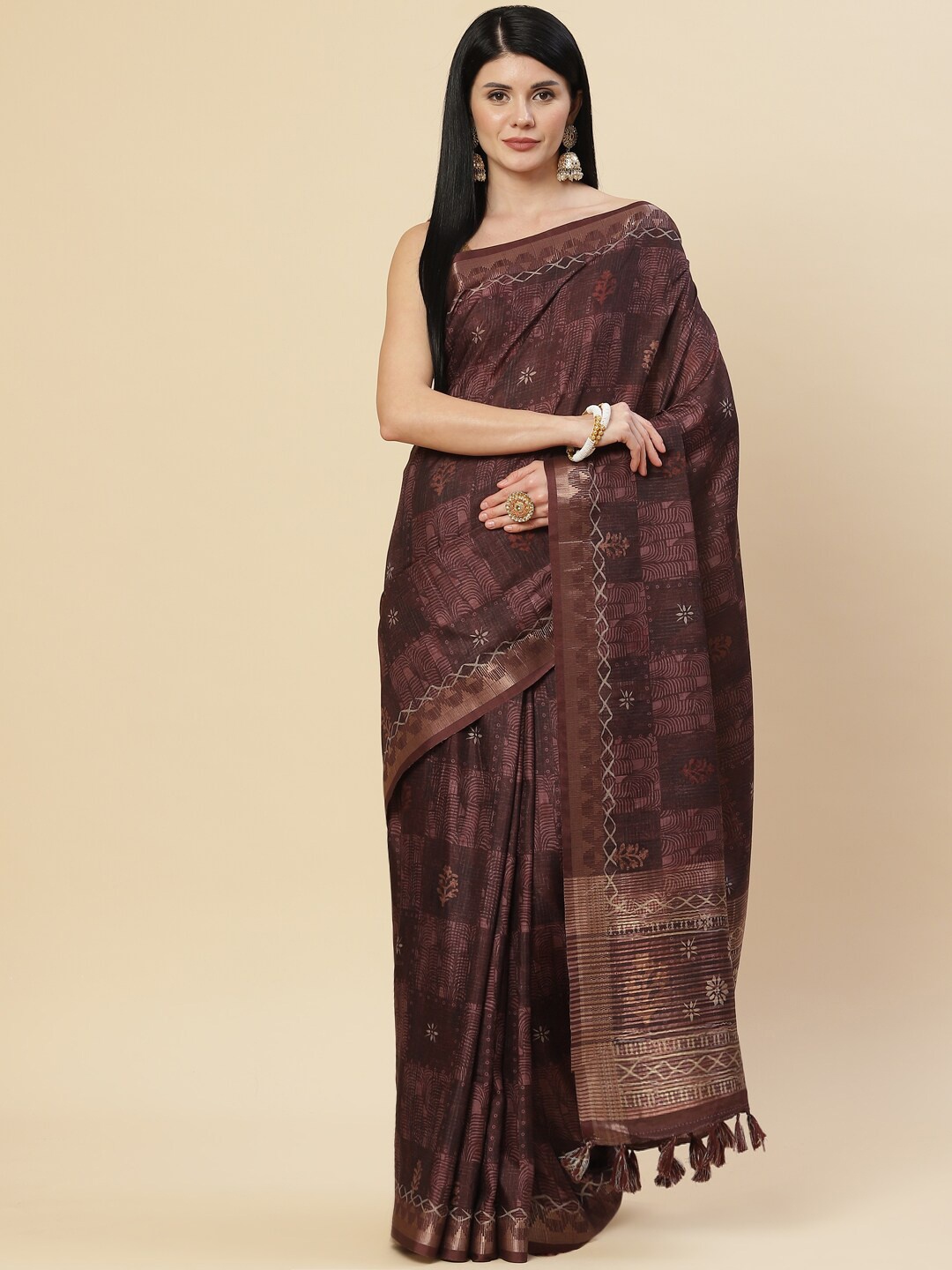 

Meena Bazaar Brown & Gold-Toned Ethnic Motifs Zari Saree