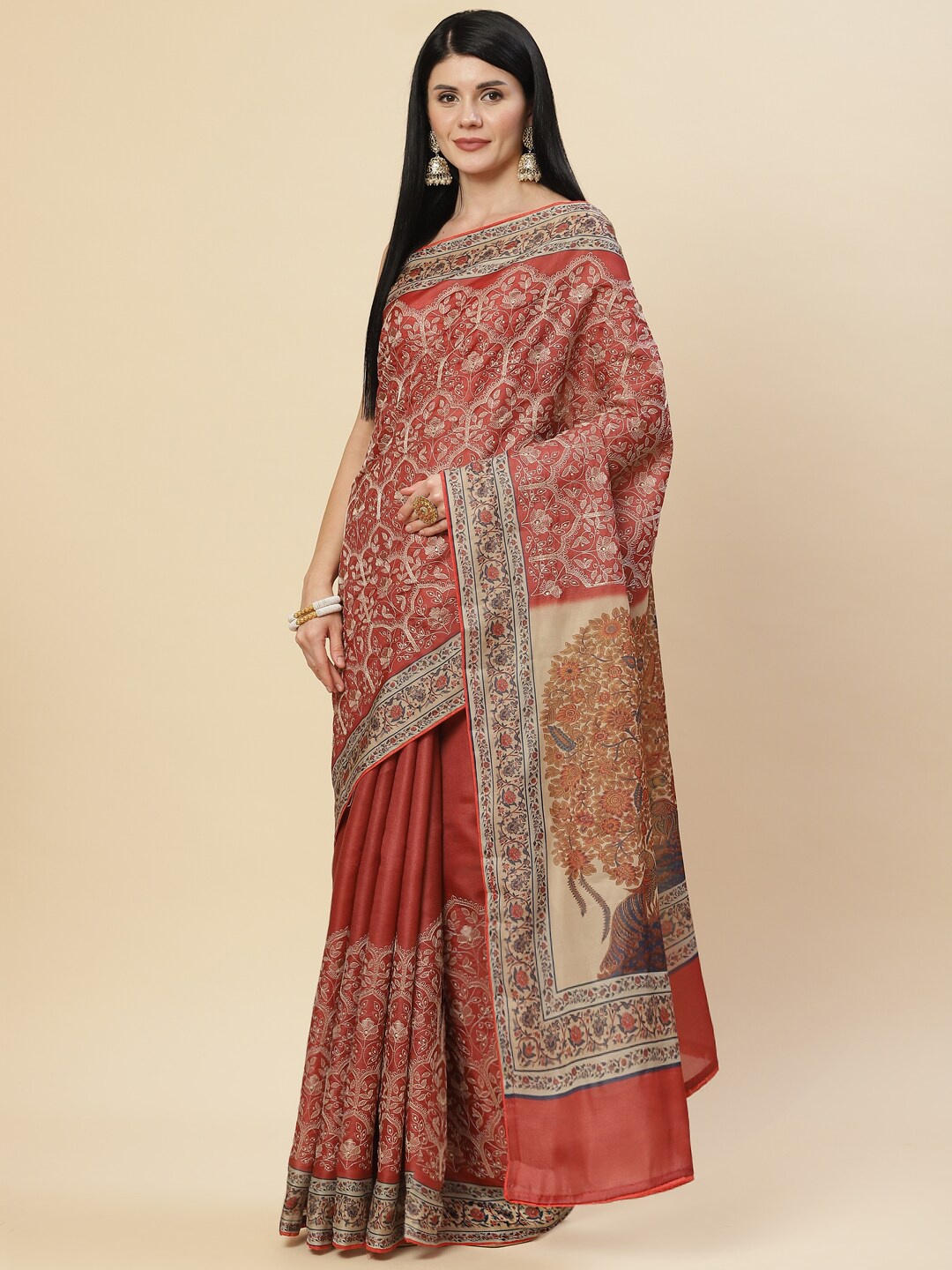 

Meena Bazaar Maroon & Cream-Coloured Floral Art Silk Tussar Saree