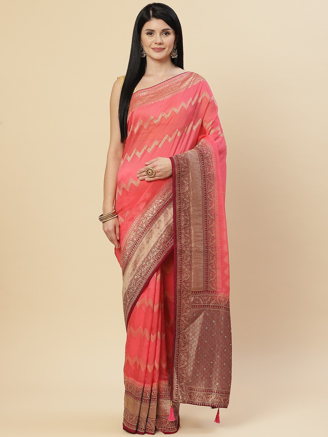 

Meena Bazaar Pink & Maroon Embellished Zari Organza Saree