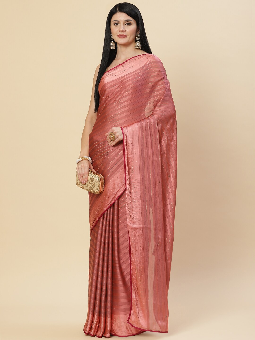 

Meena Bazaar Peach-Coloured Striped Satin Saree