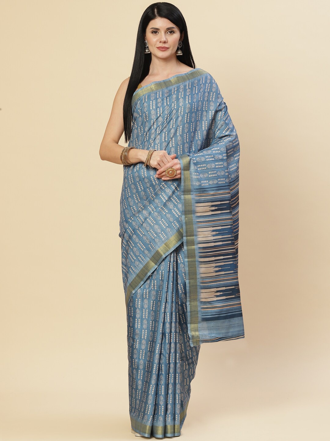 

Meena Bazaar Blue & Cream-Coloured Ethnic Motifs Zari Art Silk Tussar Saree