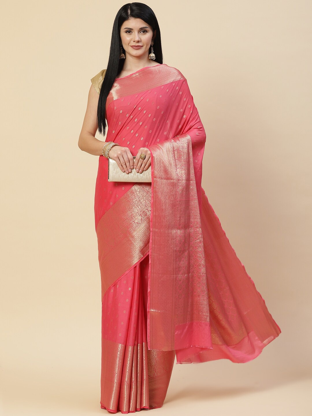 

Meena Bazaar Pink & Gold-Toned Woven Design Zari Saree