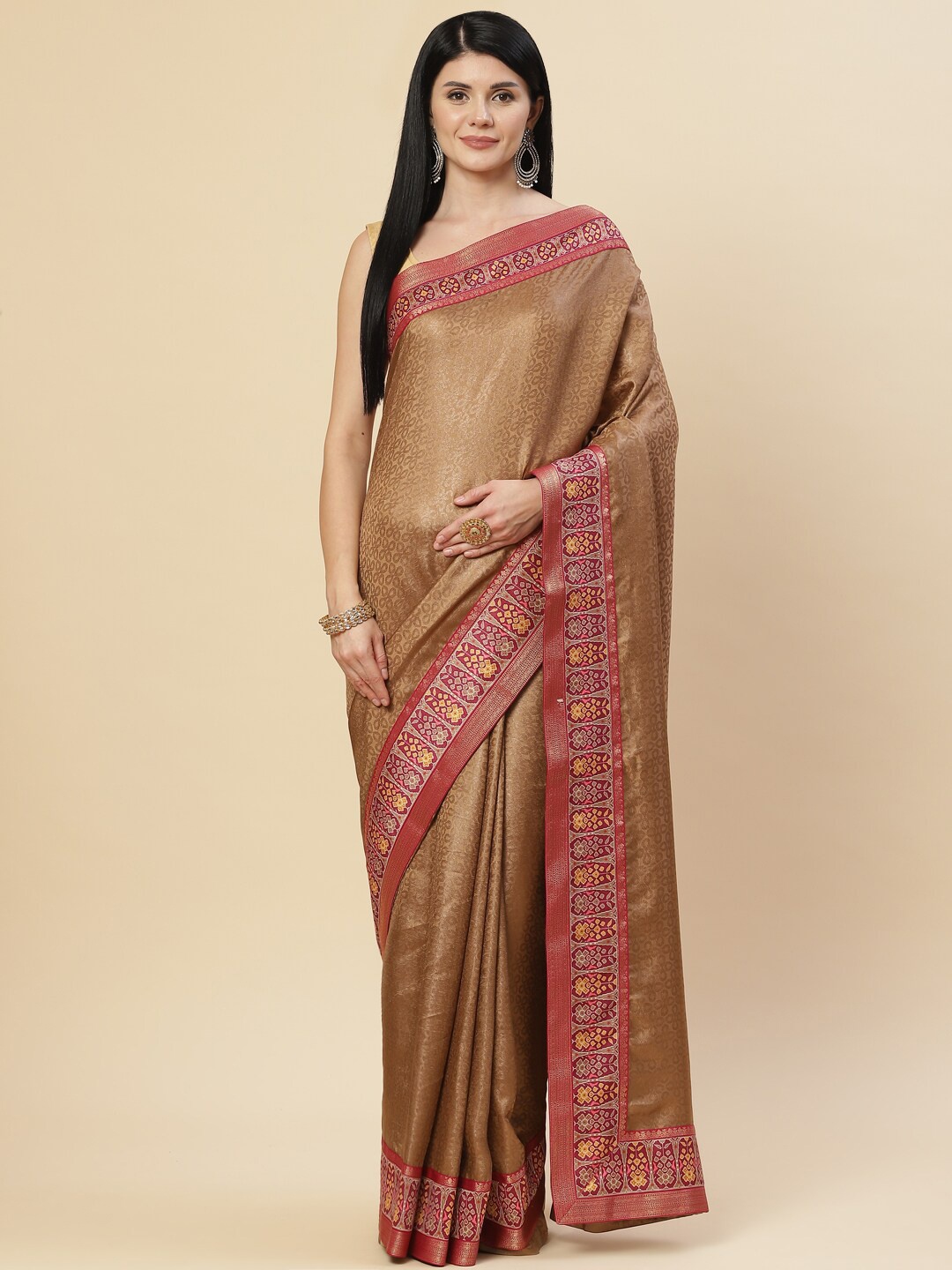 

Meena Bazaar Brown & Pink Ethnic Motifs Saree