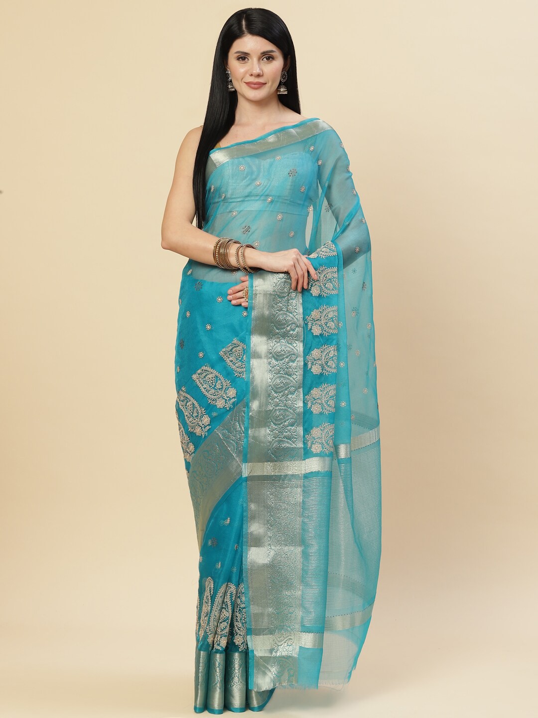 

Meena Bazaar Blue & Gold-Toned Woven Design Organza Saree