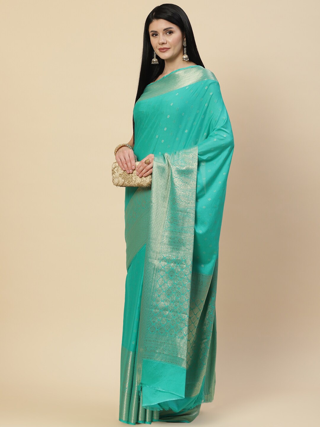 

Meena Bazaar Sea Green & Gold-Toned Woven Design Saree