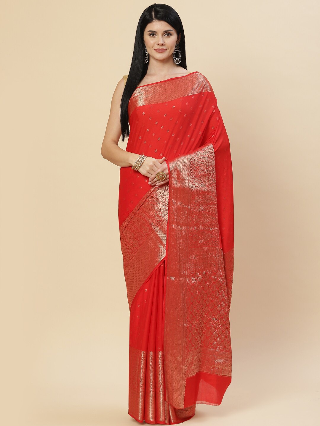 

Meena Bazaar Red & Gold-Toned Woven Design Zari Saree