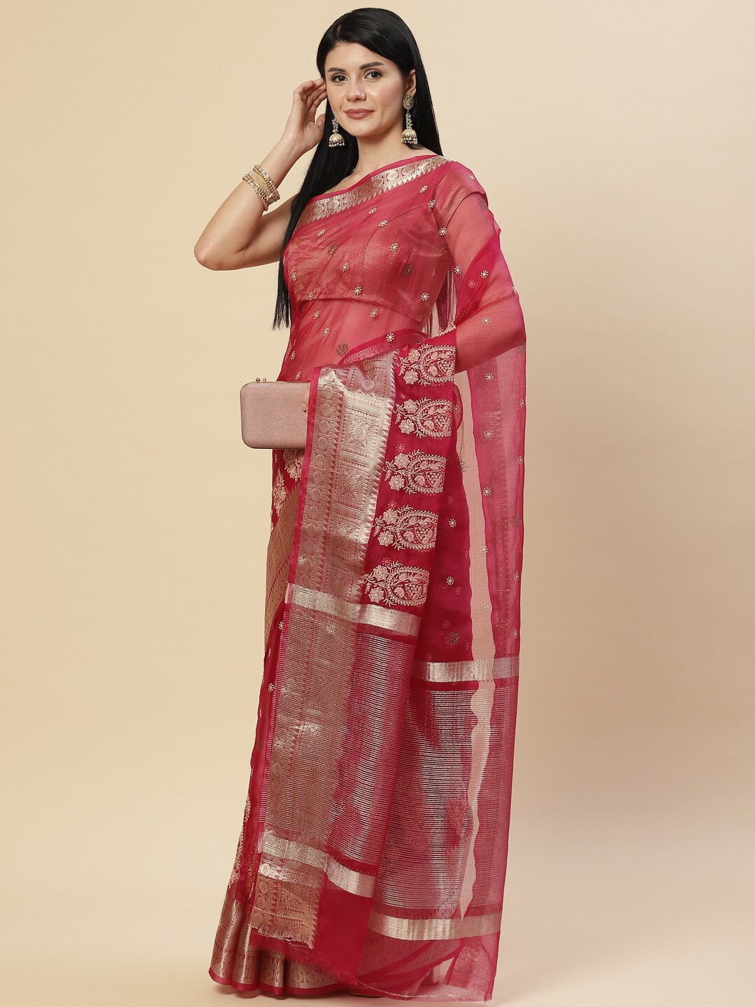 

Meena Bazaar Burgundy & Gold-Toned Woven Design Zari Organza Saree