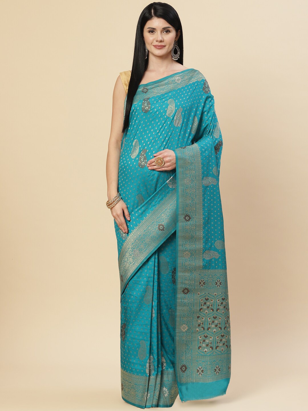 

Meena Bazaar Blue & Gold-Toned Woven Design Zari Art Silk Saree