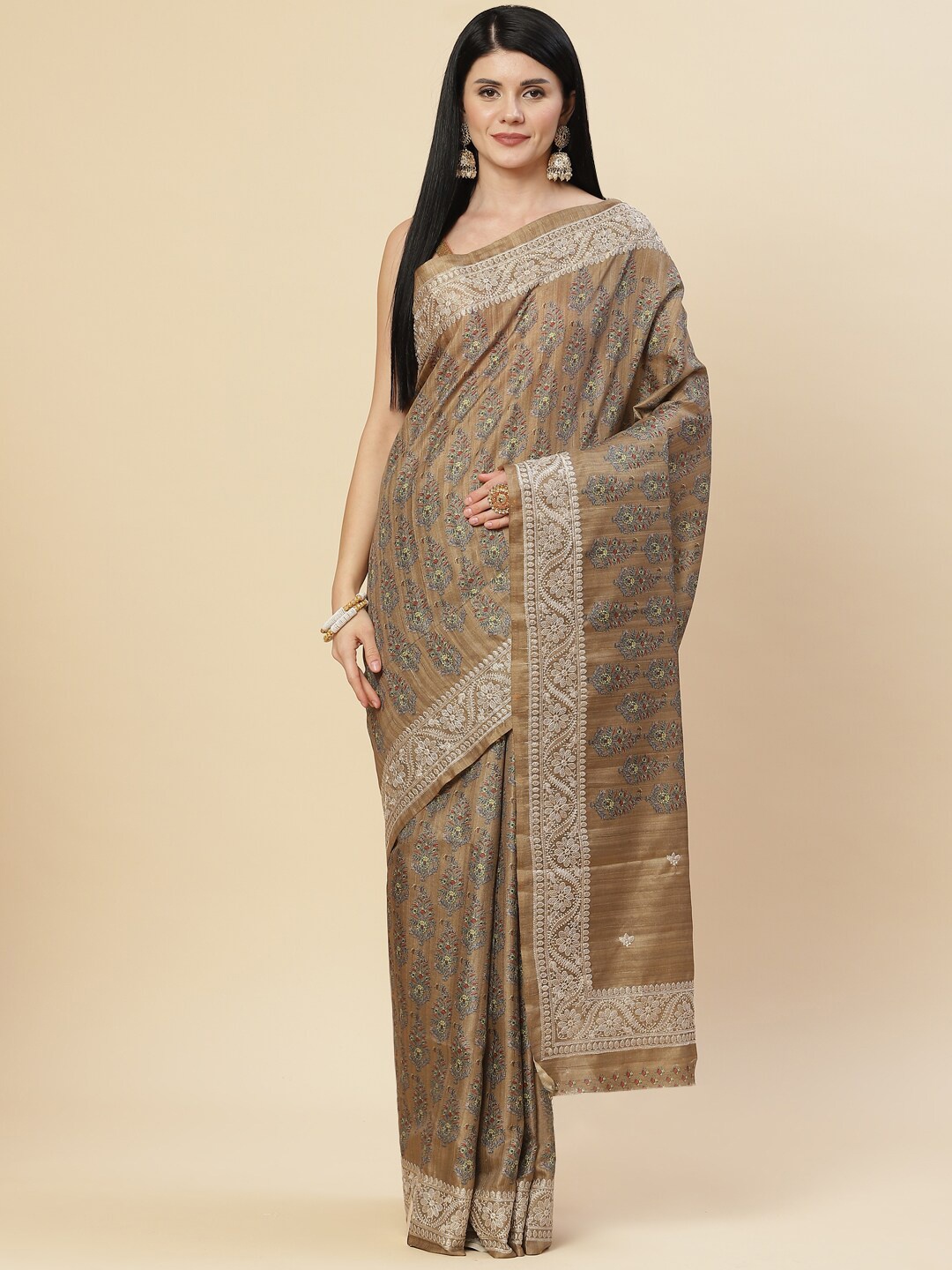 

Meena Bazaar Mustard & Blue Ethnic Motifs Art Silk Tussar Saree