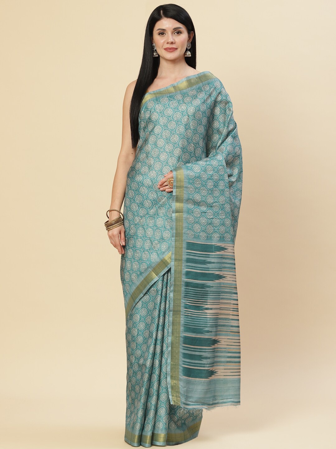 

Meena Bazaar Green & Cream-Coloured Ethnic Motifs Zari Art Silk Tussar Saree