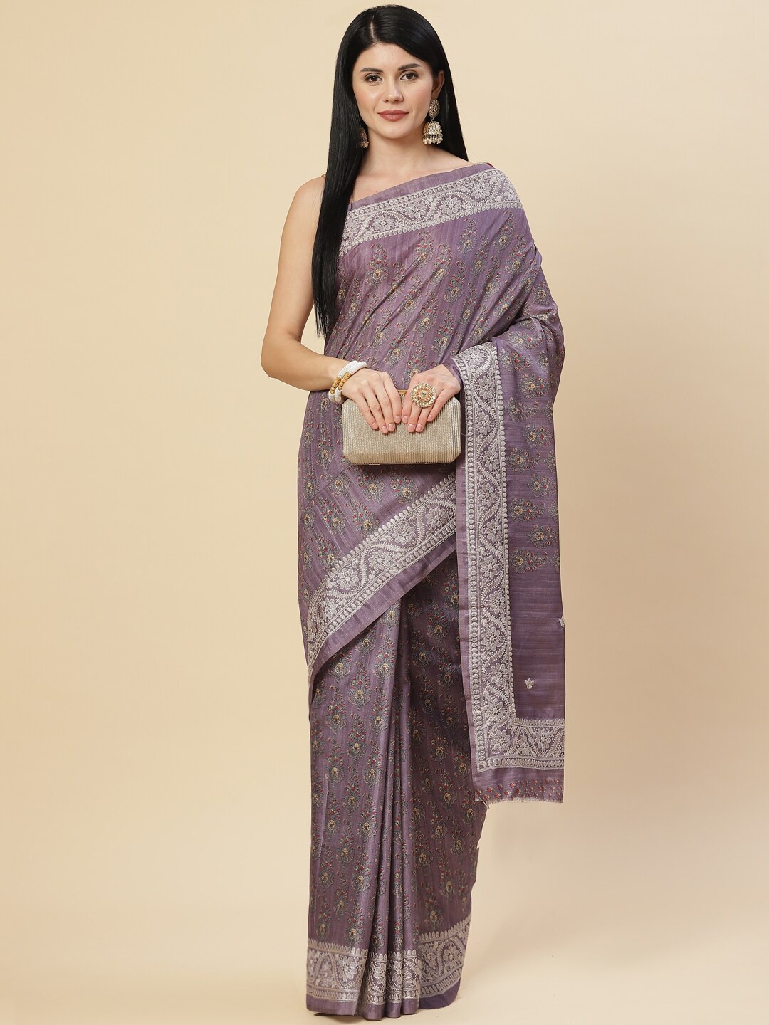 

Meena Bazaar Purple & White Floral Art Silk Tussar Saree